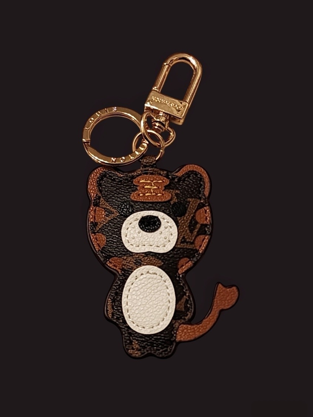 Designer-Inspired Brown Cat Keychain Charm with Gold Hardware